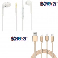OkaeYa- Earphone With Sound Controller and Mic Along With Fiber 3in1 2.1A Ultra Fast Charging Lightning Micro USB Type-C Cable (Multi-Color)